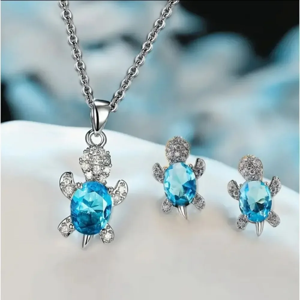 Silver Blue Diamond Turtle Necklace with Matching Earrings